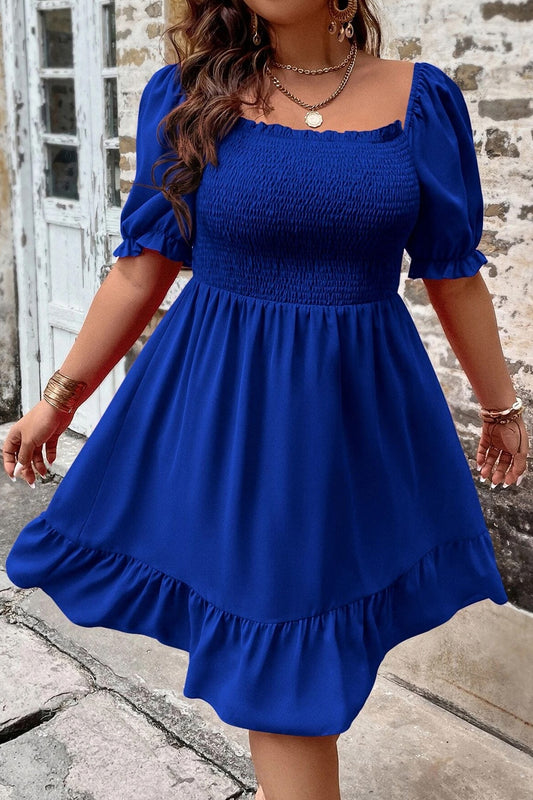 Plus Size Smocked Square Neck Short Sleeve Dress - Fashion Finder Hub