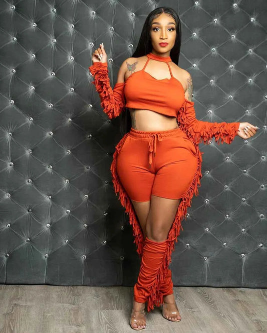 Fall Tassel Splicing Women's Set Draped Long Sleeve Crop Tops + Cut Out Pant Sets