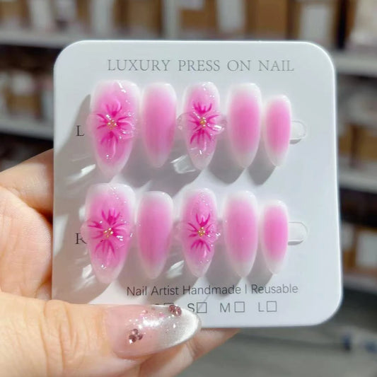 Hot Sale 3D Handmade 10pcs ABS Almond Design Press-On False Nails Fashionable Model Custom Flower Carving Soft Material