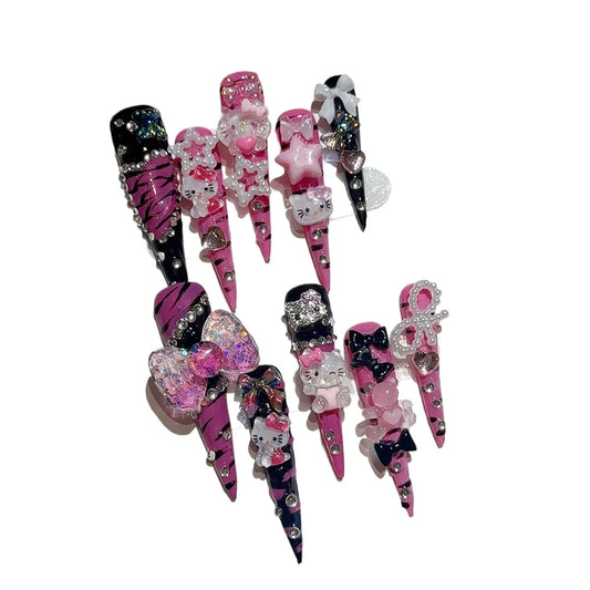 5.0 Extra-long Stiletto Hand-painted Zebra-print Kt Glam Girl Wearable Nails, High-end Personalized European/american Style,