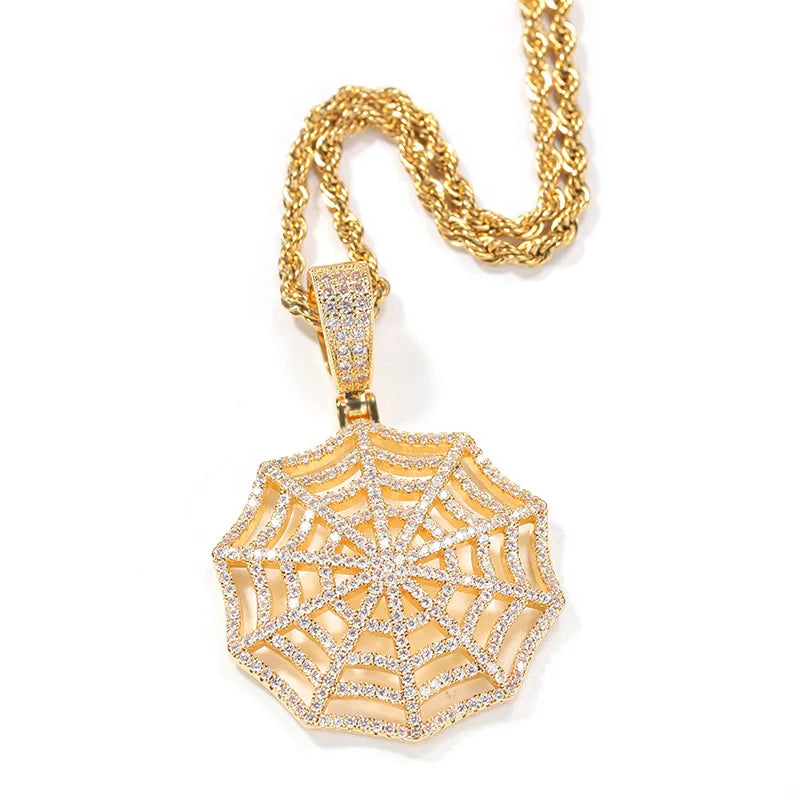 Claw Setting AAA+ CZ Stone Paved Bling Iced Out Spider Web Pendants Necklaces