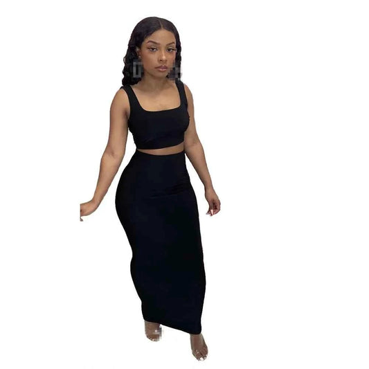 Solid Tank Cropped Top & Hips Enhancement Maxi Skirt Set (2pcs.)