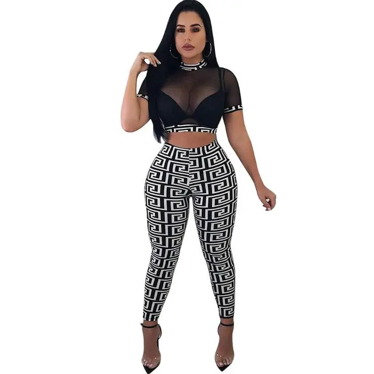 See through Sexy Two Piece Set Women Transparent Mesh Crop Top + Pencil Pants Sets