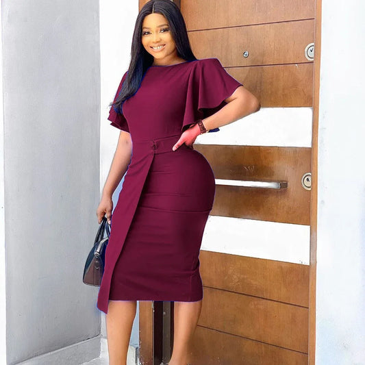 Hot Flare Sleeves O-neck Split Pencil Office Dresses