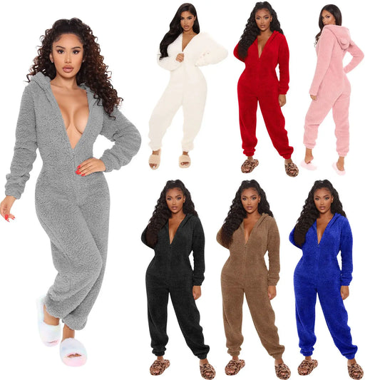 Winter Loungewear Plus Size Fleece Pajama Zipper Hoodie Sleepwear Onesie Pajamas Jumpsuits a Thick Slim-fit Winter Adult Onesie