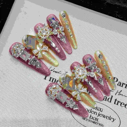 French Romantic Art Handmade butterfly Blue Rose Nail Art Piece Detachable Wearing Nails Press on Nails