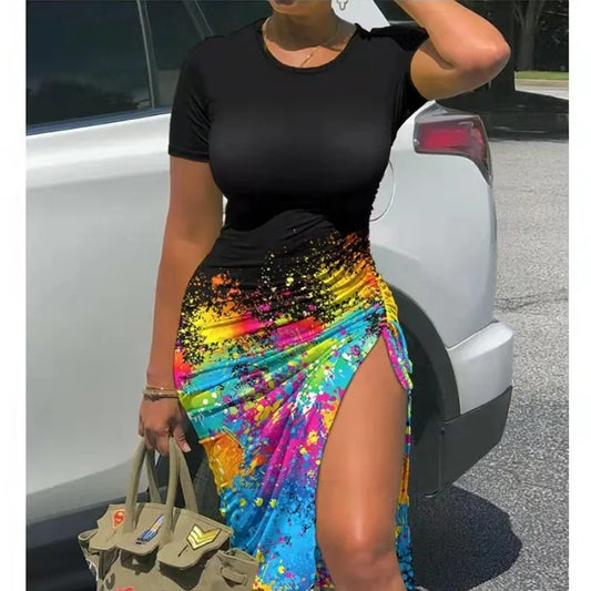 Trendy Printed Slim Bodycon Short Sleeves Drawstring Slit Midi Dresses