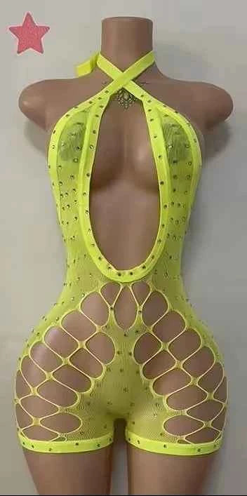 Hollow-out Rhinestone Patchwork Bodycon Halter Sleeveless Backless Lingerie