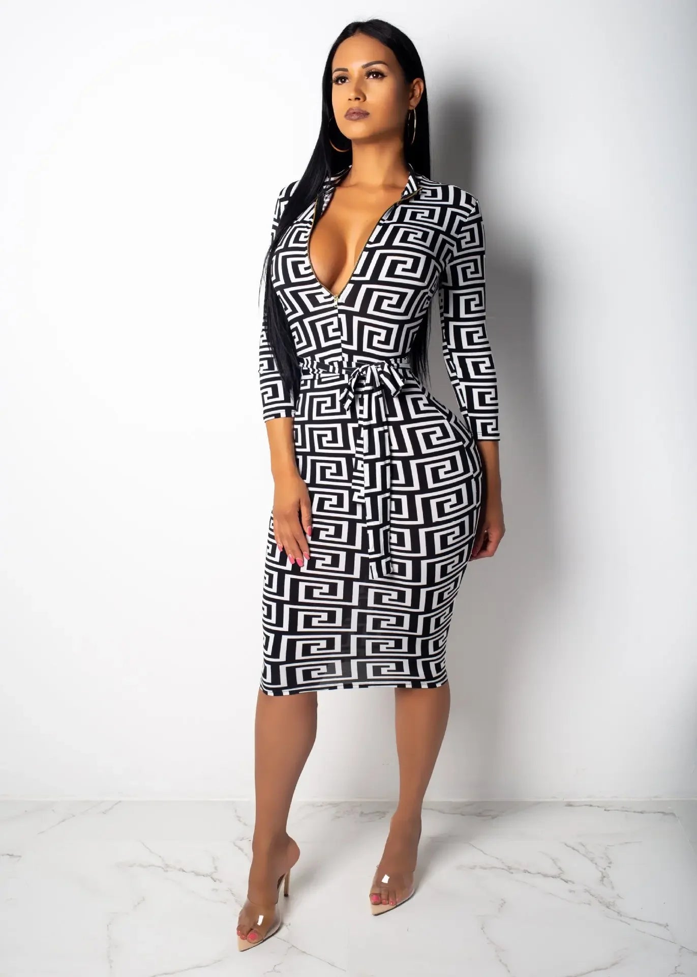 Elegant Print Slim High Waist Dress Office Lady Long Sleeve Midi Plaid V Neck Party