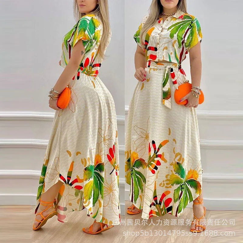 Tropical Print Crop Top + Maxi Skirt Sets