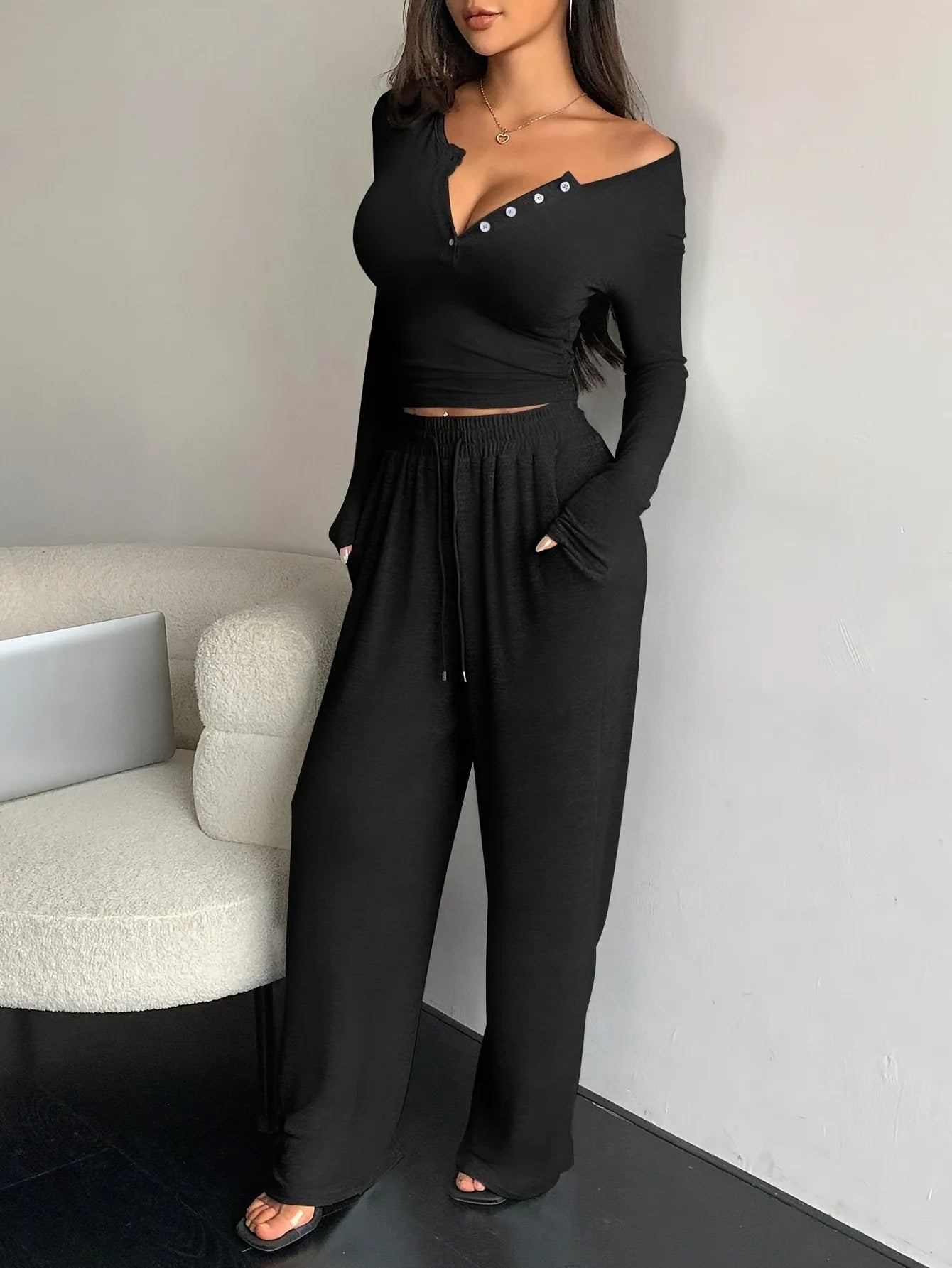 Long Sleeve Button Solid Color Top + Trousers Two Piece Sets
