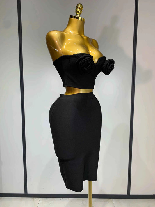 New Arrival 3D Flower Black Bodycon Bandage Designer High Waist Skirt Set