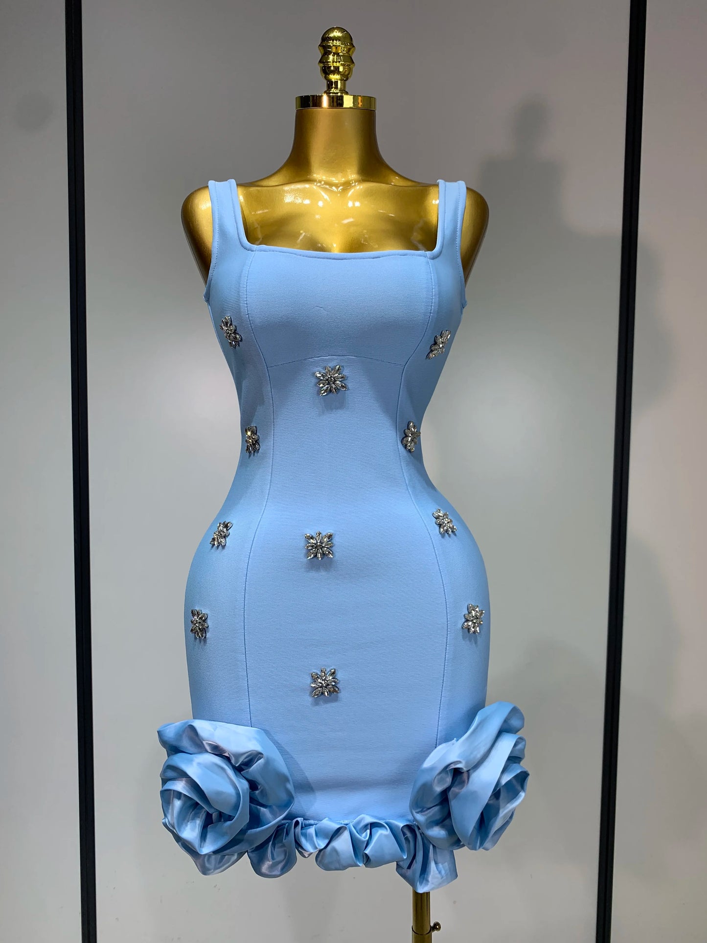 Crystal Sleeveless Square Collar Bodycon Mini Bandage Dresses