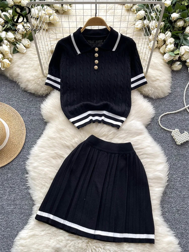 Newest Knitting Two Pieces Sets Button Vintage Basic Tops + High Waist Pleated Skirt Women Fashion 2pcs Suits