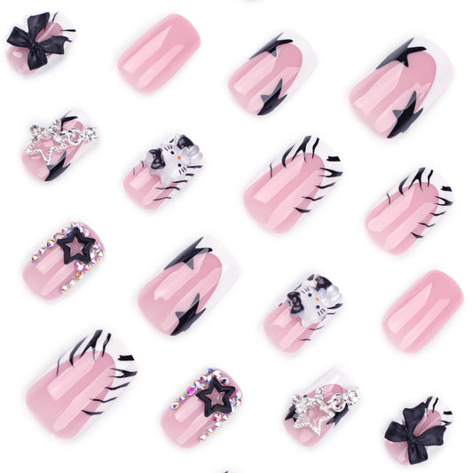 24Pcs Duckbill Nails Press on Y2K French Black Fake Nails Tips with Hellokitty Metal Charms Full Cover Acrylic False Nail