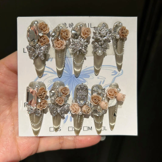Press On Nails with 3D Flowers and Silver Rhinestones, Long Stiletto Palace Style Fake Nails