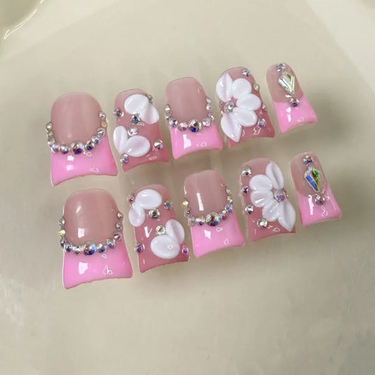 10pcs Handmade False Nail Art Pink French Fake Nail Short Flower Press on Nails Tips Duckbill with Rhinestone Nails Set Wearable