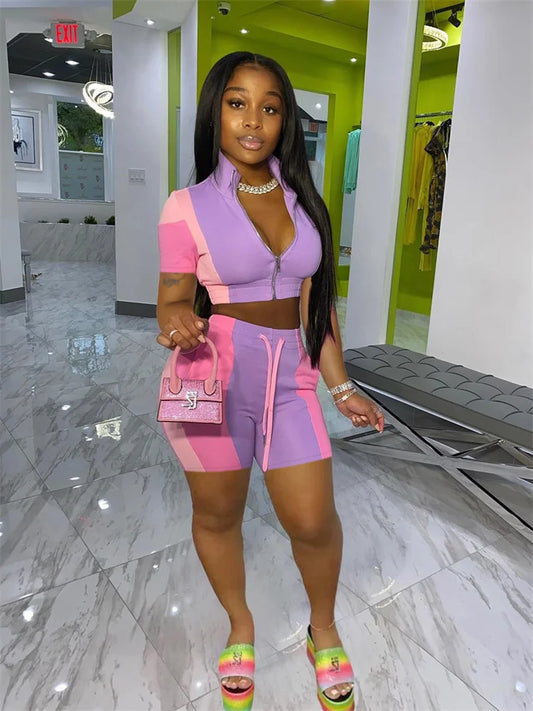 Short Sleeve Crop Top + Patchwork Shorts Sets