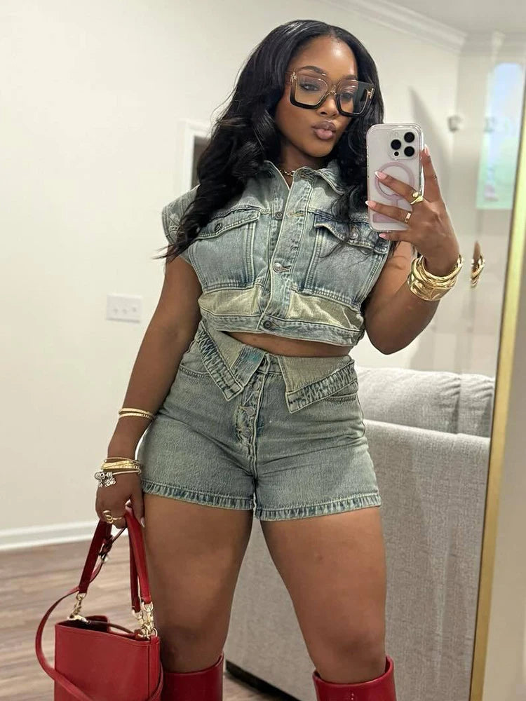 Single-Breasted Pocket Tank Tops + Lapel Short Sets