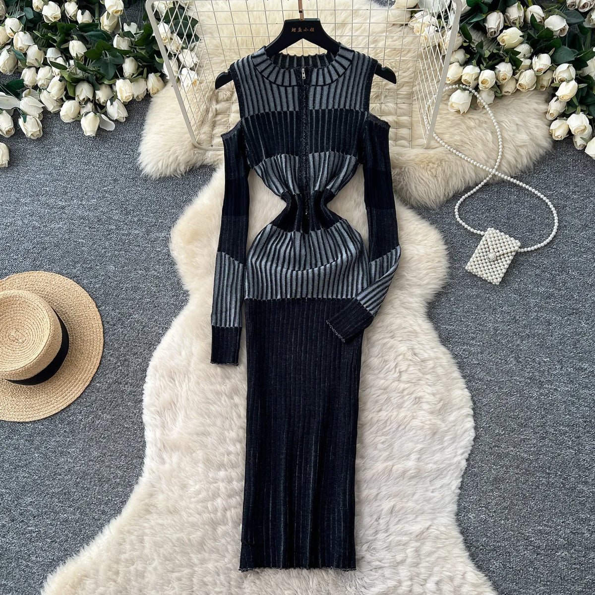 Cold Shoulder Long Sleeve Ribbed Knit Bodycon Midi Dress Elegant Fall Winter