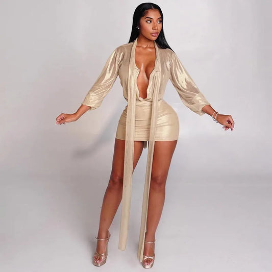 Tassel Patchwork 2 Piece Sets Women Outfit See Through Long Sleeve Crop Top + Skirt Suits Female Streetwear New