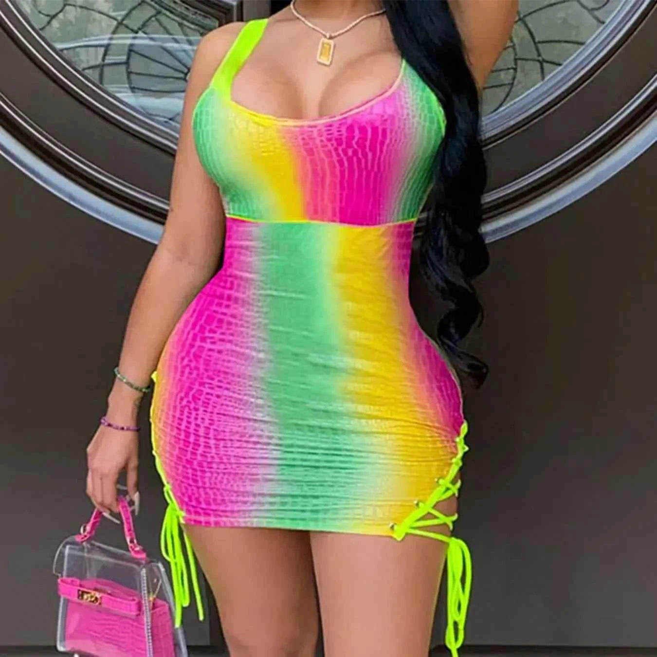 New European and American Cross-border Hollow Bodycon Rainbow Color Lace Dresses