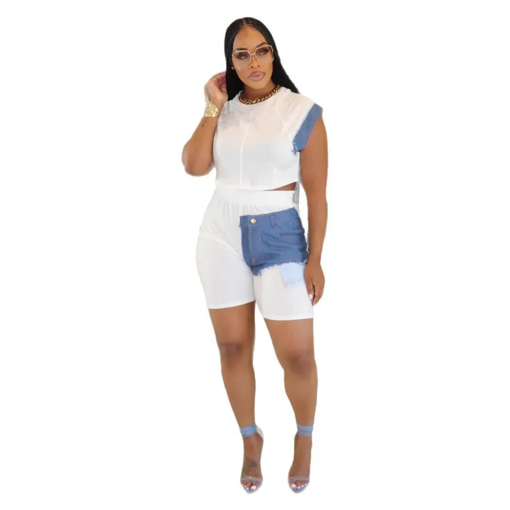 Patchwork T-shirt + Shorts Active Two Piece Sets