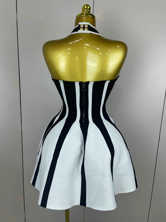 Celebrity Elegant Evening Backless Black White Stripes Halter Bandage A Line Mini Dresses
