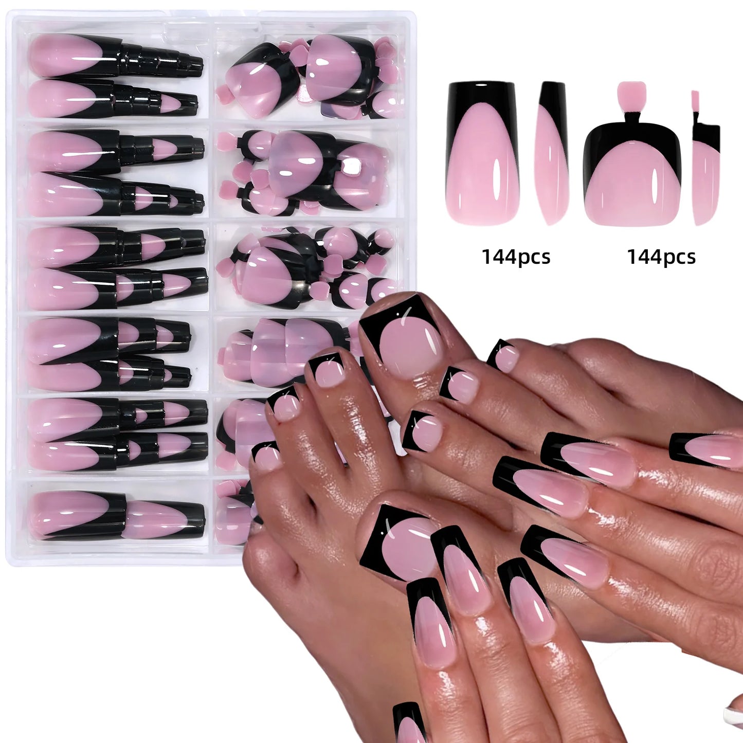 144pcs Shiny French Hand + Foot Nail Set (square)