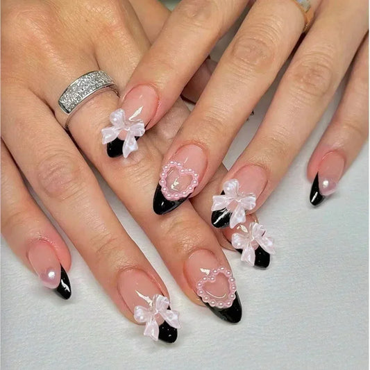 24pcs French Almond Press on Nails Leopard Print False Nails 3D Bow Wearable Stick-on Nails Fake Nail Uñas Накладные Ногти 네일팁