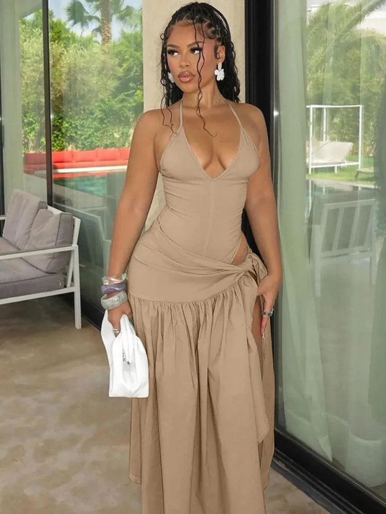 Elegant Halter Bodysuits Tie Up Maxi Skirts Matching Outfits
