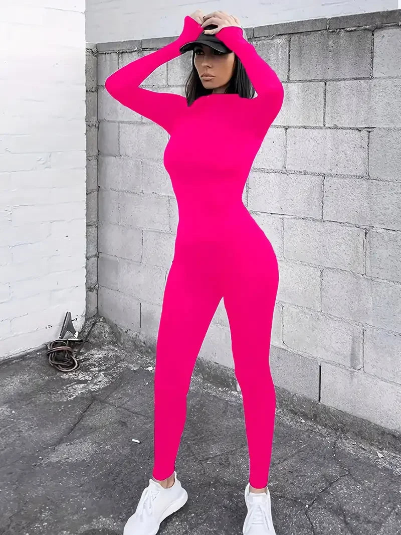 Long sleeve skiing jumpsuit women elastic hight outfit fashion fitness sportswear slim rompers streetwear