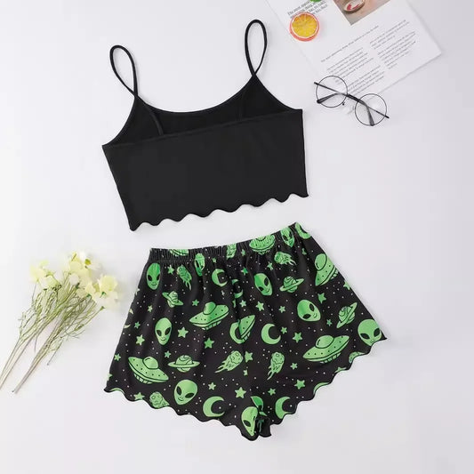 Alien Print Sling Pajamas Set (Top And Shorts)