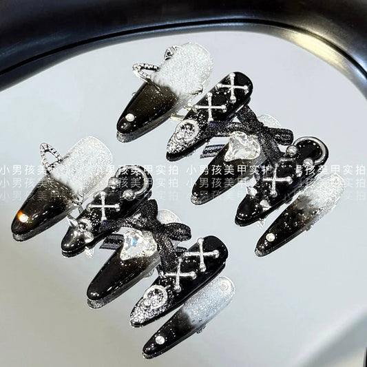 10Pcs Luxury Court Handmade Long Stiletto Full Cover Nails 3D Spice Girl Sparkling Diamond Bow Pearl Flowers Wearable Fake Nails