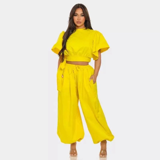 O-neck Belt Short Flare Sleeve Crop Top + Pants Suits (2 pcs.)