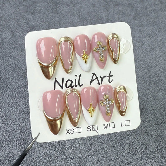 10pcs Retro Golden Almond Handmade Press on Nails Heart Pattern Fake Nails False Nail Artificial Nail 네일팁 Накладные Ногти Uñas