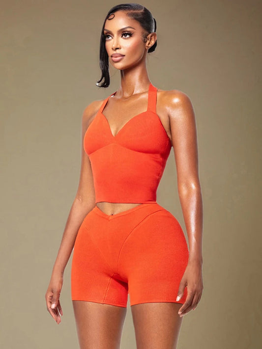 Halter Backless Vest + Stretchy Short Matching Sets