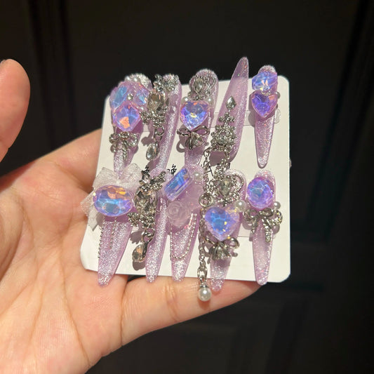 Glitter Press On Nails with Iridescent Heart Rhinestones, Long Stiletto Y2K Fake Nails with Silver Chains
