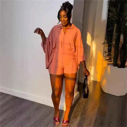 Solid Batwing Sleeve Loose Shirt Top + Shorts Casual Matching Sets