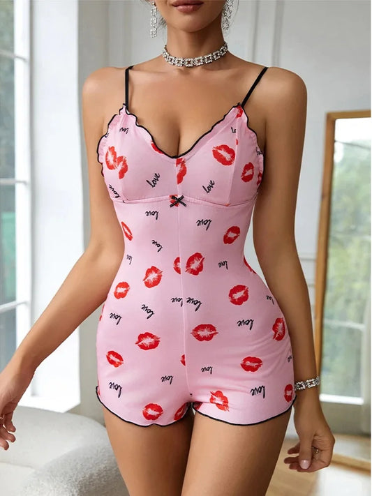 One Piece Red Lip Printed Sleeveless Night Onsie