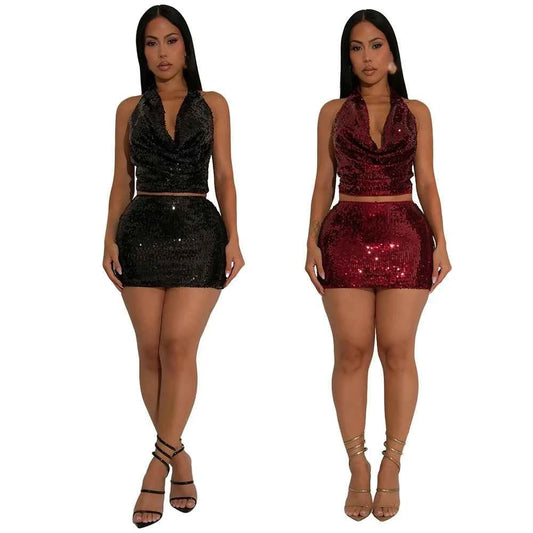 Sequin Halter Crop Top + Mini Skirt Matching Sets