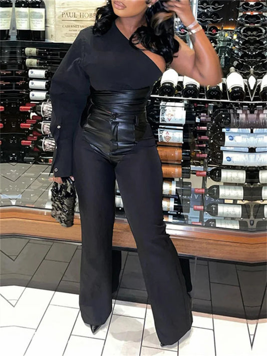 Single Long Sleeve Bodycon PU Patchwork Top + Pant Sets