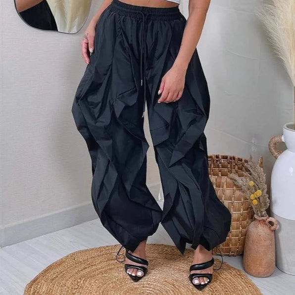 Ruched Lantern Sleeve Drawstring Patchwork Pants