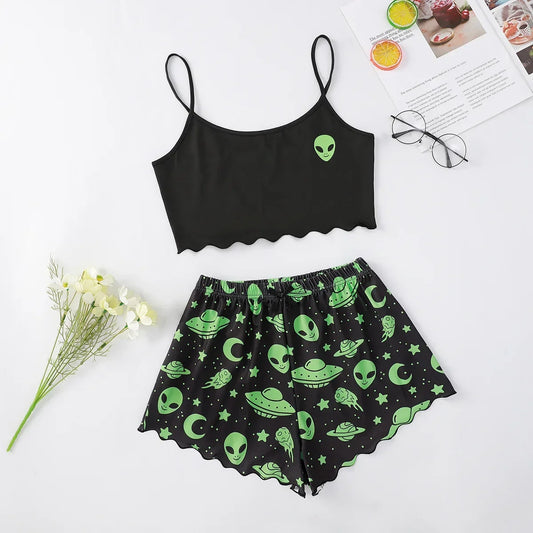 Alien Print Sling Pajamas Set (Top And Shorts)
