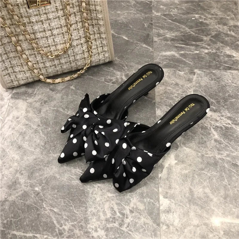 Polka Dots Pointed Toe Bow Heel Shoes