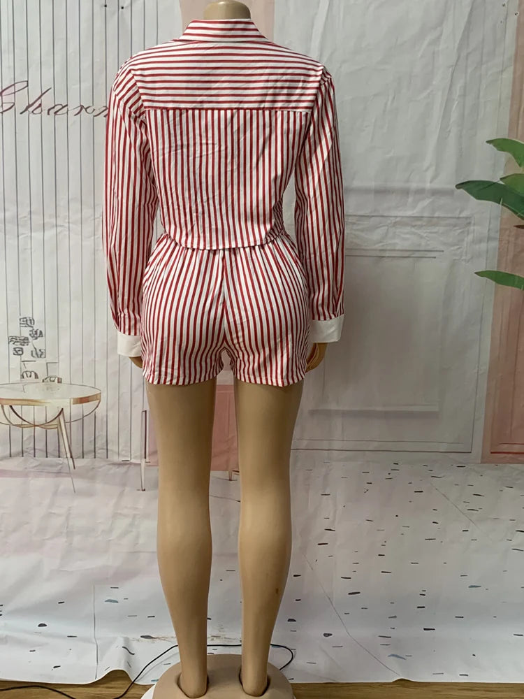 Striped Blouse Shirt Top + Matching Shorts Sets (2pcs.)