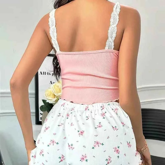 Lace Patchwork V-Neck Sleepwear Cami Top + Printed Shorts Soft Loungewear