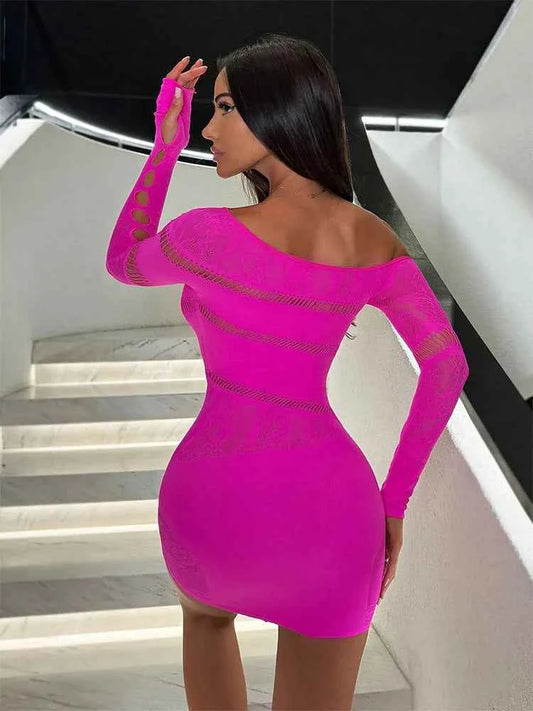 Stretchy Hollow Out Mesh Bodycon Long Sleeve See Through Night Lingerie
