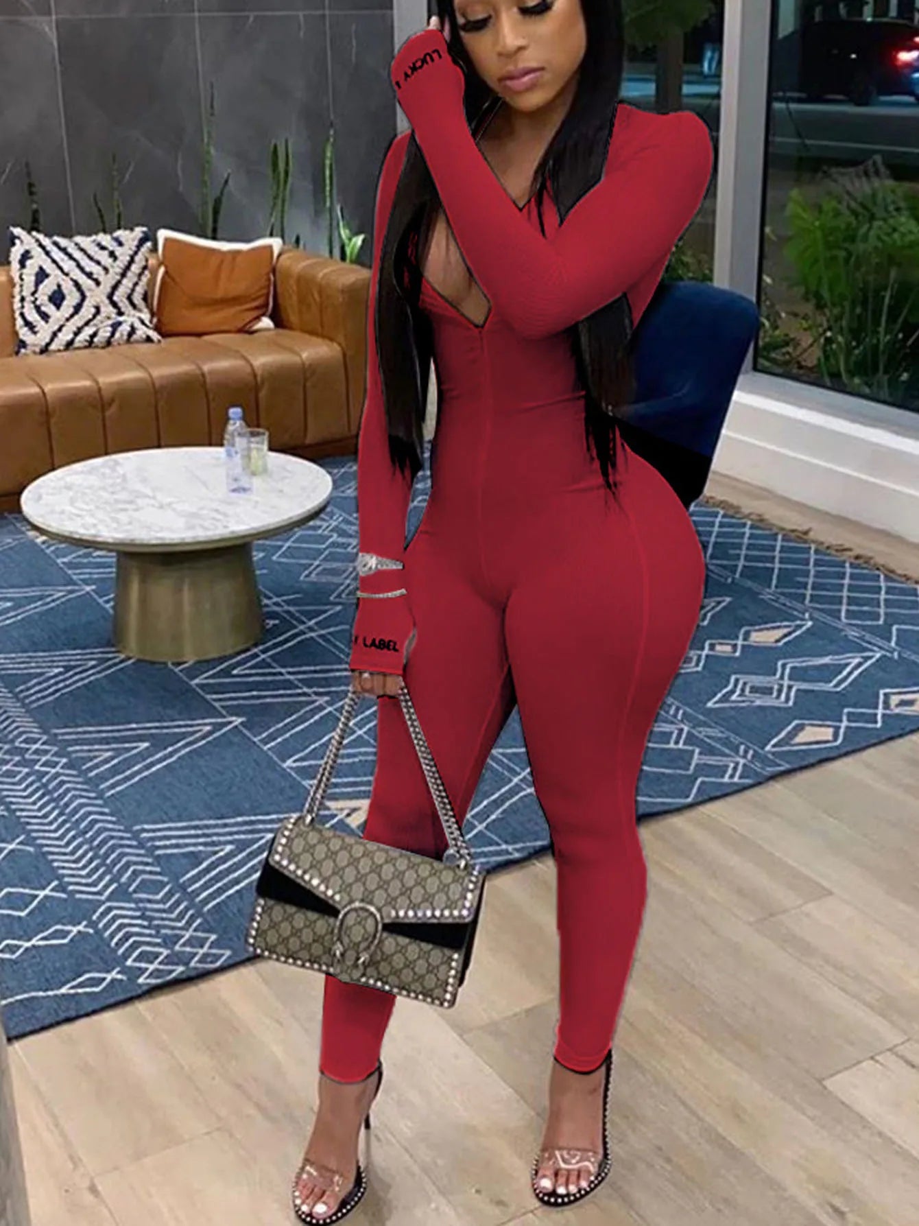 Zipper Jumpsuit Women Embroidery Letter Print Workout Sportswear Female Outfit Skinny Solid Turtleneck Streetwear