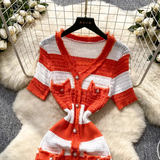 Chic Knitted Slim Waist Office Lady Sweater Maxi Dresses